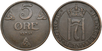 Норвегия 5 эре 1931 Хокон VII (1905-1957) KM 368 бронза 27-253