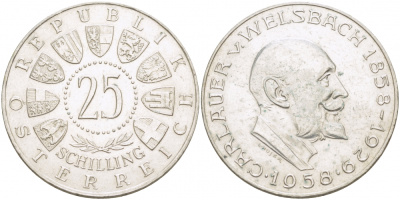 Австрия 25 шиллингов 1958 100 лет со дня рождения Карла Вельсбаха KM 2884 серебро 4403-612