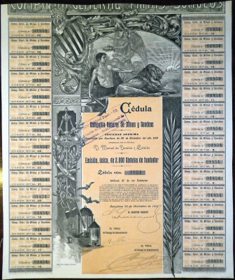 ИСПАНИЯ, CEDULA COMPANIA GENERAL DE MINAS Y SONDEOS АКЦИЯ В 50 ПЕСЕТ 1901 ИСПАНИЯ бумага 5553-25
