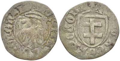 Польша, Торунь 1 шиллинг (шеляг) 1447-1492 Казимир IV династия Ягеллонов (1442-1495), вес 1,41 гр. Marienburg 8901 серебро 1517-413