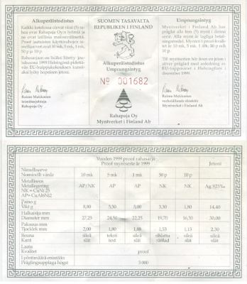Финляндия набор из 5 монет + медаль 1999 официальный набор, с сертификатом, Саммит в Хельсинки, тираж 3000 экз. PROOF 5-6-2-9