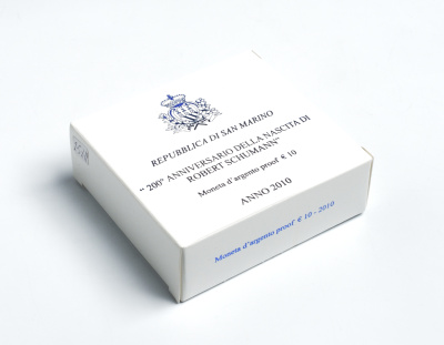 Сан-Марино 10 евро 2010 200 лет со дня рождения Роберта Шумана, коробка, сертификат KM NEW серебро PROOF 00-00