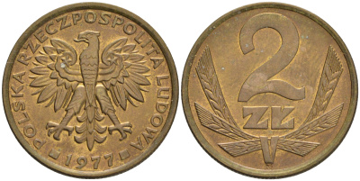 ПОЛЬША 2 ЗЛОТЫХ 1977 ЛЕНИНГРАДСКИЙ МОНДВОР KM 80.1 латунь XF 192-844