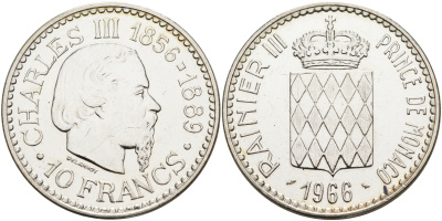 Монако 10 франков 1966 100 лет восхождению на престол Карла III KM 146 серебро UNC 1525-1223