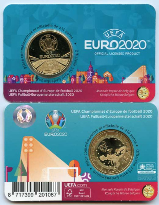 Бельгия 2 1/2 евро 2021 Чемпионат Европы по Футболу в 2020 году, в оригинальном буклете KM NEW латунь UNC 4-3-4-14