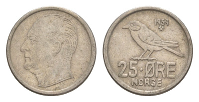 Норвегия 25 эре 1959 Улаф V (1957-1991) KM 407 медно-никель 4632-1234
