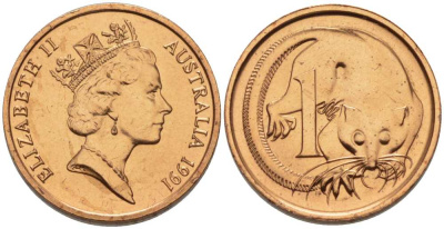 АВСТРАЛИЯ 1 ЦЕНТ 1991 ЕЛИЗАВЕТА II, ВТОРОЙ ПОРТРЕТ В КОРОНЕ, ОПОССУМ KM 78 бронза UNC 100-1117