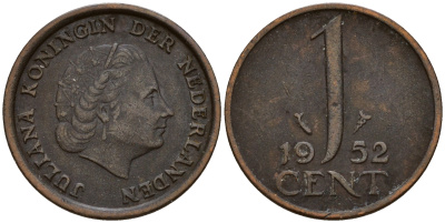 Нидерланды 1 цент 1952 Юлиана (1949-1980) KM 180 бронза    4598-147