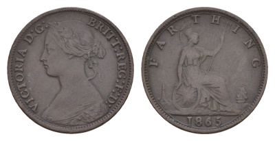 Великобритания 1 фартинг 1865 Виктория (1837-1901) KM 747.2, Spink 3958 бронза 4658-919