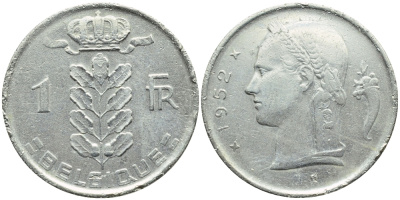 БЕЛЬГИЯ 1 ФРАНК 1952 BELGIQUE KM 142.1 медно-никель 4390-1245