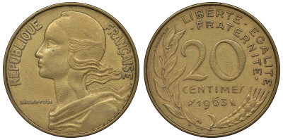 Франция 20 сантимов 1963 тип Marianne KM 930, Le Franc 156.3 медь алюминий никель 4128-224