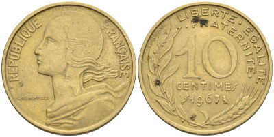 Франция 10 сантимов 1967 тип Марианна KM 929 медь алюминий никель 4594-1155