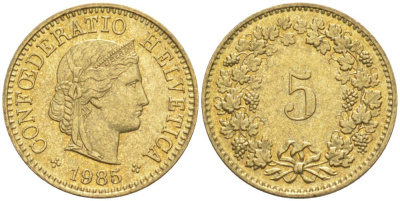 ШВЕЙЦАРИЯ 5 РАППЕНОВ 1985 KM 26с алюминий латунь 105-1123