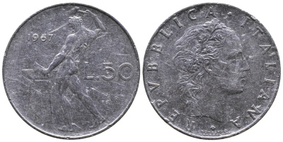 ИТАЛИЯ 50 ЛИР 1967 R, КУЗНЕЦ KM 95.1 сталь 3333-242