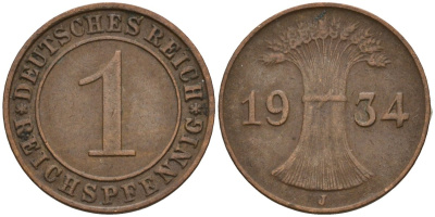 Германия 1 рейхспфенниг 1934 J KM 37, J. 313 бронза 4516-565