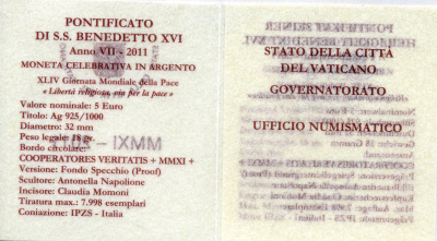 Ватикан 5 евро 2011 Бенедикт XVI, 44-ый всемирный День Мира, религиозная свобода - путь к миру, в оригинальной коробке, с сертификатом KM 427 серебро  PROOF  7-1-50