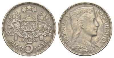 Латвия 5 латов 1932 девушка KM 9 серебро 443-1115