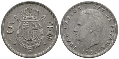 ИСПАНИЯ 5 ПЕСЕТ 1982 ХУАН КАРЛОС KM 823 медно-никель 4110-1522