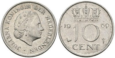 Нидерланды 10 центов 1969 Юлиана (1948-1980) KM 182 никель 96-343