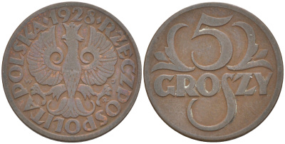 ПОЛЬША 5 ГРОШЕЙ 1928 w KM 10a бронза 187-568