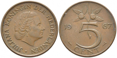 НИДЕРЛАНДЫ 5 ЦЕНТОВ 1967 ЮЛИАНА KM 181 бронза 3856-455