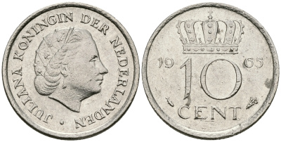 Нидерланды 10 центов 1965 Юлиана (1949-1980) KM 182 никель 96-435