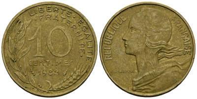 Франция 10 сантимов 1982 тип Marianne KM 929 алюминиевая бронза 4136-422