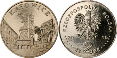 Польша 2 злотых 2010 MW, серия польские города, Катовице (Katowice) KM 761 нордик  UNC  4676-1111