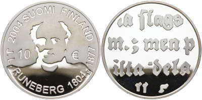 Финляндия 10 евро 2004 200 лет со дня рождения Йохана Людвига Рунеберга, поэт KM 115 серебро  PROOF 11-207-42