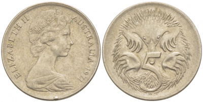 АВСТРАЛИЯ 5 ЦЕНТОВ 1971 ЕЛИЗАВЕТА II, МОЛОДОЙ ПОРТРЕТ, ЕХИДНА KM 64 медно-никель 4532-555