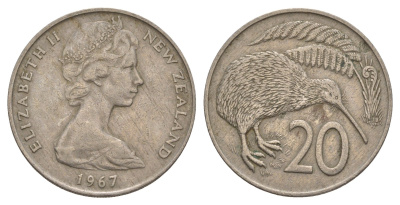 Новая Зеландия 20 центов 1967 Елизавета II (1952-2022), птичка киви KM 36.1 медно-никель 4182-746