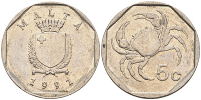 Мальта 5 центов 1991 краб KM 95 медно-никель 4564-543
