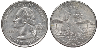 США 25 центов = квотер 2001 Р, серия штаты США, Род-Айленд KM 320 медь плакированная медно-никелем 4538-1232