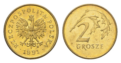 Польша 2 гроша 1991 Y 277 марганец латунь UNC 4674-943