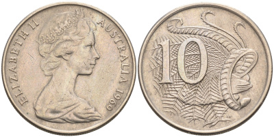 Австралия 10 центов 1969 Елизавета II (1952-), птица лирахвост KM 65 медно-никель 4566-453
