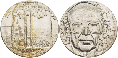 Финляндия 10 марок 1975 S-H, 75 лет президенту Урхо Кекконену KM 54 серебро UNC 1515-1544