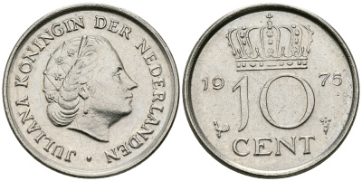 НИДЕРЛАНДЫ 10 ЦЕНТОВ 1975 ЮЛИАНА KM 182 никель 96-439