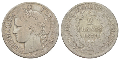 Франция 2 франка 1871 K KM 817 серебро 4622-1126
