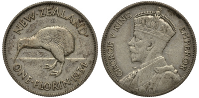 Новая Зеландия 1 флорин 1934 Георг V (1910-1936), птичка киви KM 4 серебро 272-1311