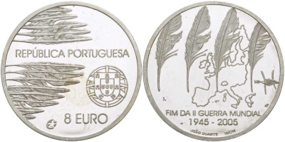 Португалия 8 евро 2005 60 лет окончания 2-ой мировой войне KM 773а серебро PROOF 1076-2-62