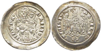 Италия денаро 1277 Аквилея. Герцог Раймондо (1273-1299). Богоматерь с младенцем / орел. 1,13 гр, XF Bernardi 28; Biaggi 155 серебро 00-812-72