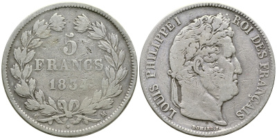 Франция 5 франков 1834 M, Луи Филипп I (1830-1848) KM 749.9 серебро 1066-6-34