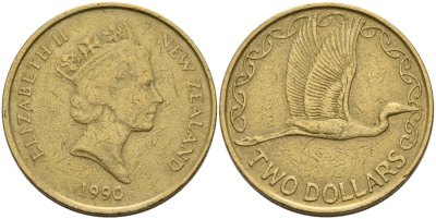 Новая Зеландия 2 доллара 1990 Елизавета II (1952-2022), большая белая цапля KM 79 алюминиевая бронза 51-3942