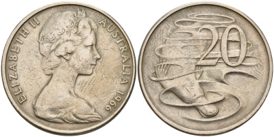 Австралия 20 центов 1966 Елизавета II (1952-2022), утконос KM 66 медно-никель    4157-926