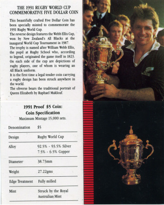 Новая Зеландия 5 долларов 1991 чемпионат по регби среди стран Содружества, с сертификатом KM 80а серебро PROOF 5-4-5-24