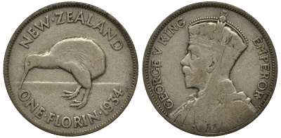 Новая Зеландия 1 флорин 1934 Георг V (1910-1936), птичка киви KM 4 серебро 272-1321