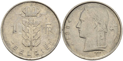 БЕЛЬГИЯ 1 ФРАНК 1964 BELGIE KM 143.1 медно-никель 4546-355