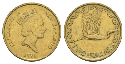 Новая Зеландия 2 доллара 1991 Елизавета II (1952-2022), большая белая цапля KM 79 алюминиевая бронза 4650-826