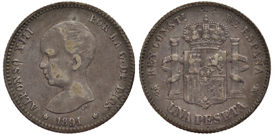 Испания 1 песета 1891 (91) PG-M, АЛЬФОНСО XIII (1886-1931) KM 691 (Y80) серебро 1521-144