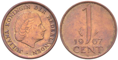НИДЕРЛАНДЫ 1 ЦЕНТ 1967 ЮЛИАНА (1948-1980) KM 180 бронза 3309-344